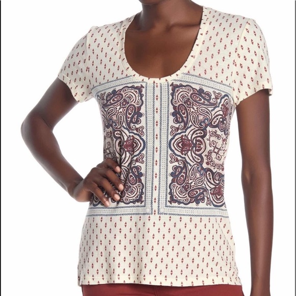 Lucky Brand Cream Paisley Border Print Scoop Neck Short Sleeve Tee Shirt - Picture 8 of 8